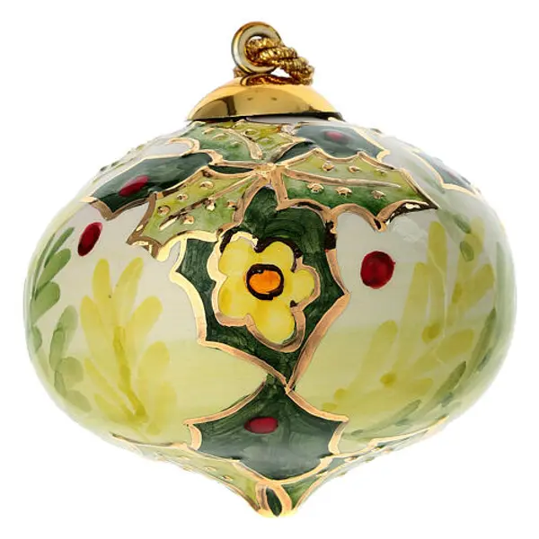 Décoration pour sapin de Noël forme oignon en céramique fond crème houx 8 cm Dellarte Ceramiche