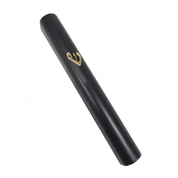 Étui à mezouza arrondi en bois noir, lettre Shin plaquée or 24 carats