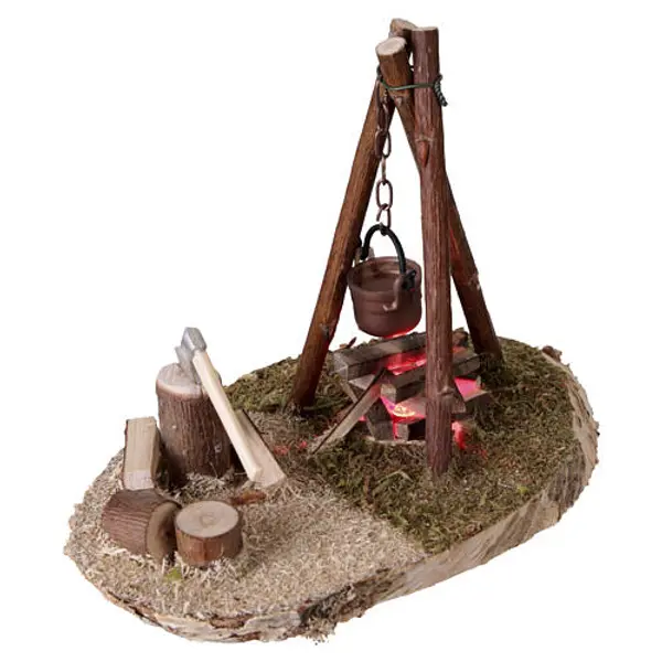 Décor casserole et bois, lumière fixe, crèche 16-20 cm