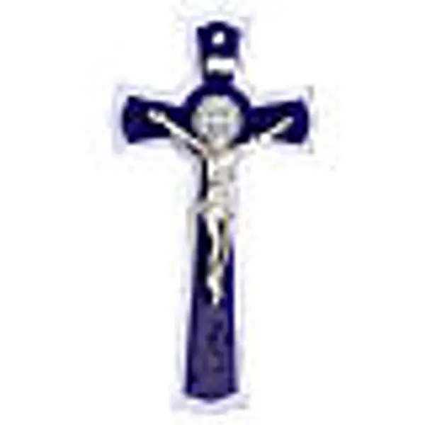 Croix cercle Saint Benoît en verre bicolore corps et médaille en métal 26x14 cm