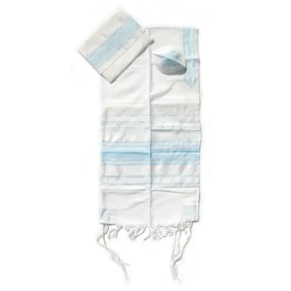Ensemble Talith en soie blanche tissée à la main Gabrieli - Rayures bleu clair