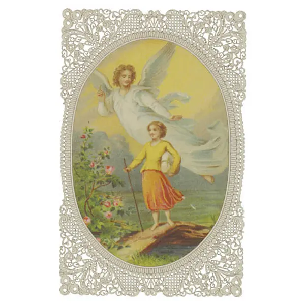 Image de baptême avec ange gardien et enfant 12x7 cm décor dentelle