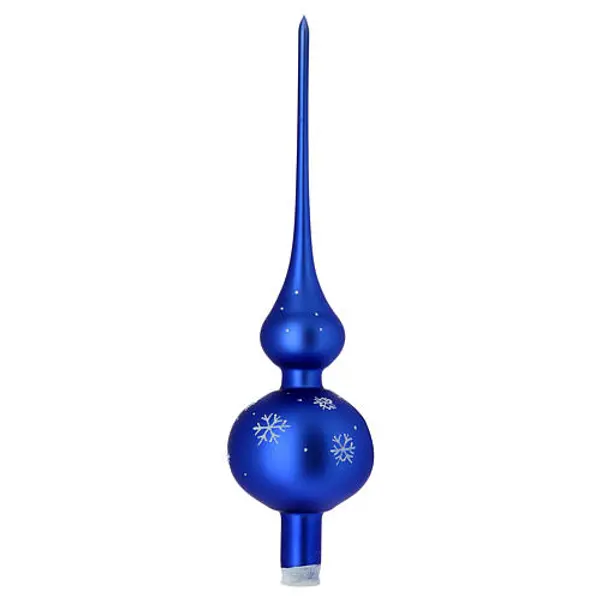 Cimier sapin bleu électrique village enneigé verre soufflé 35 cm