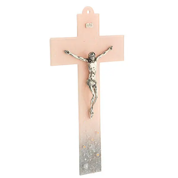 Crucifix verre de Murano dégradé rose-gris 18x10 cm