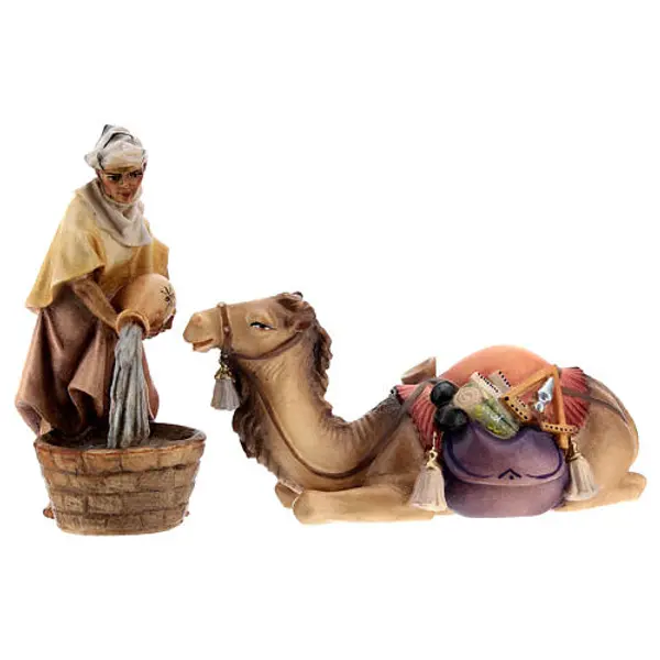 Chamelier avec chameau accroupi crèche Original bois peint Val Gardena 10 cm
