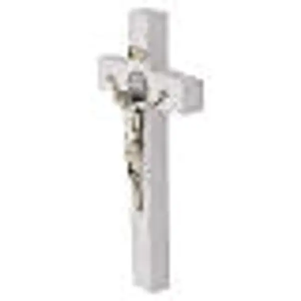 Croix de Saint Benoît en résine blanche, corps et médaille métal argenté 16x8 cm