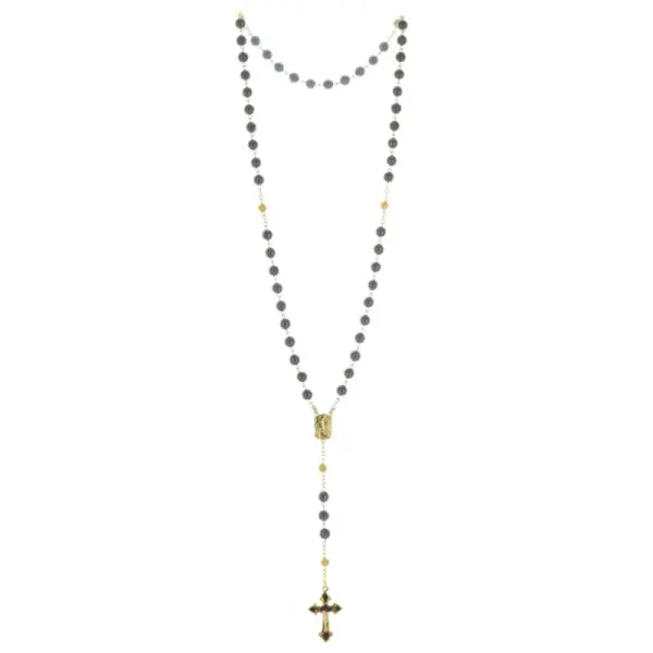 Hematite rosary with Lourdes Apparition centerpiece. Golden roses paters