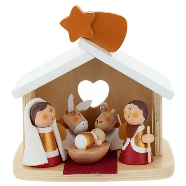 Crèche Nativité bœuf et âne 7 pcs Sevi bois peint 6 cm