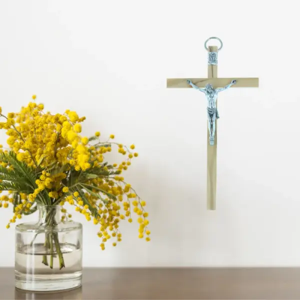 Olive wood crucifix and silvery Christ 10.5 cm