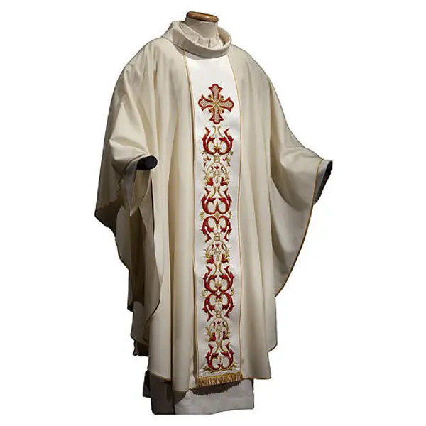 Chasuble 100% laine avec bande centrale BRODÉE MAIN croix rouge Gamma