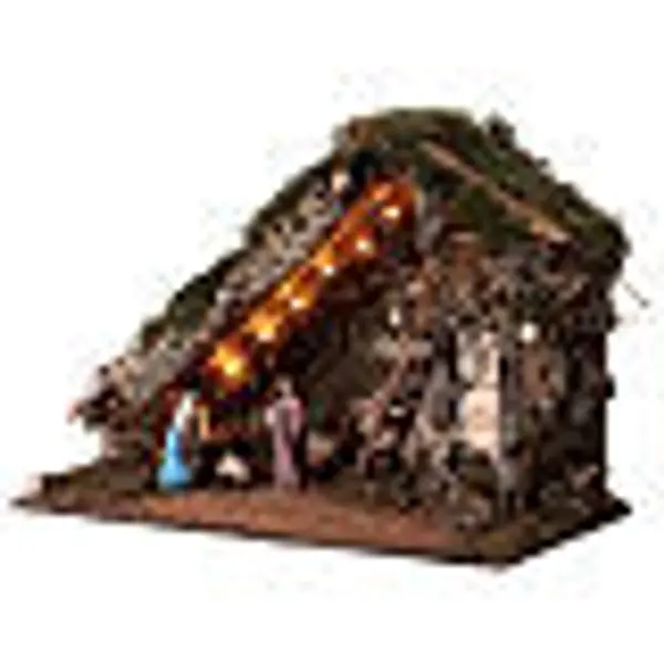 Chalet liège et bois avec Nativité éclairée pour crèche 10 cm 35x50x25 cm