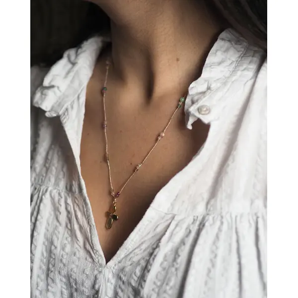 Collier croix sertie de tourmalines et pierres