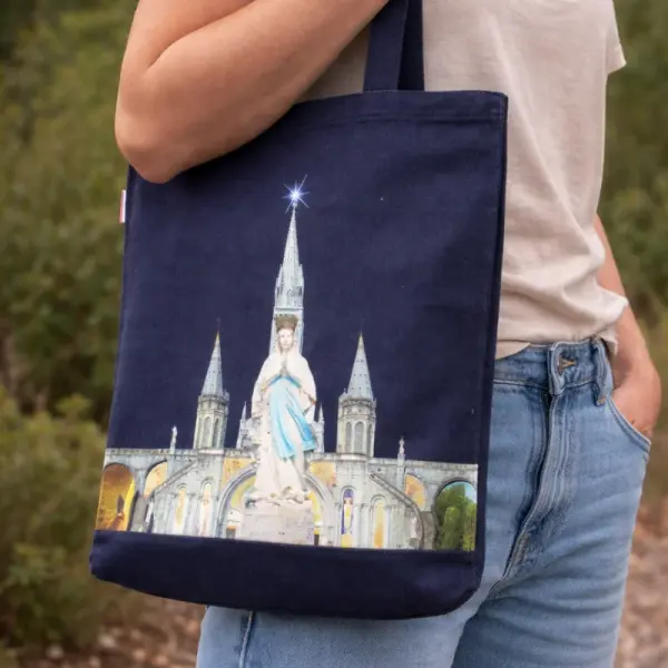 Sac tissu bleu illustré avec la Basilique de Lourdes