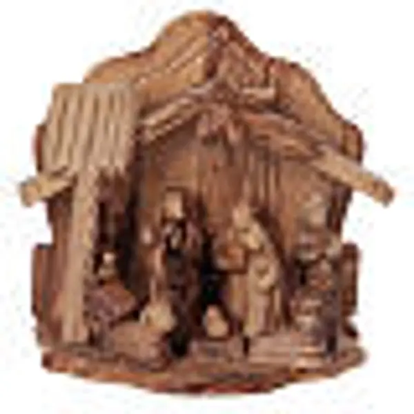 Maisonnette en olivier Bethléem avec crèche complète stylisée 20x20x15 cm