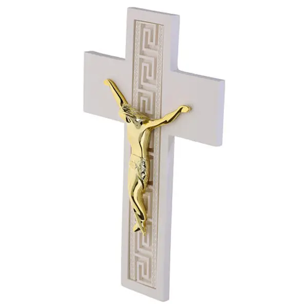 Crucifix blanc motif grec corps stylisé doré 25x16 cm