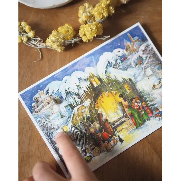 Calendrier carte postale de l'Avent à fenêtres - Crèche