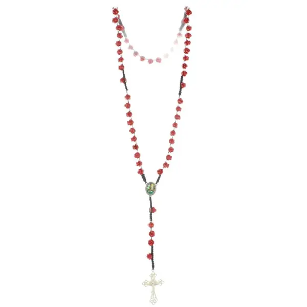 Chapelet de Lourdes avec grains en forme de rose rouge et coeur Ave Maria