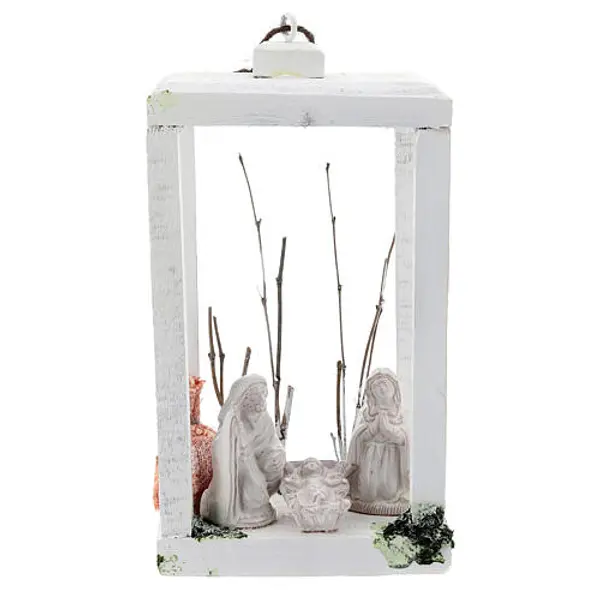 Lanterne bois Nativité 8 cm terre cuite Deruta blanche 23x15x10 cm