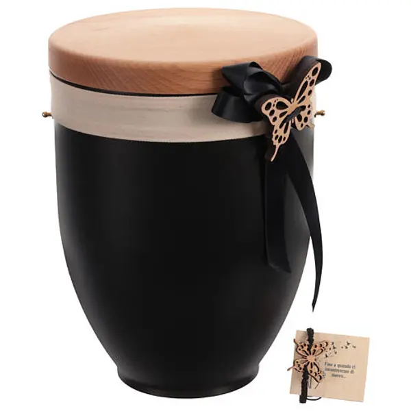 Urne pour cendres en métal avec couvercle en bois ornée d'un papillon noir