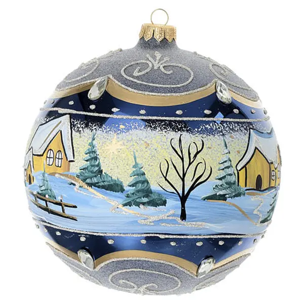 Boule bleue paysage peint verre soufflé 150 mm