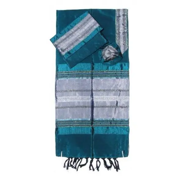 Ensemble châle de prière et talith en soie verte tissée à la main Gabrieli - Rayures argentées