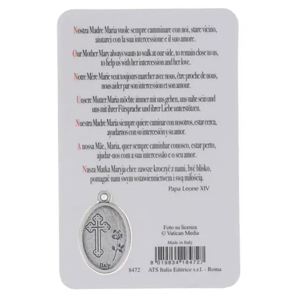 Image pieuse plastifiée Pape Léon XIV en prière avec médaille en métal 10x5 cm