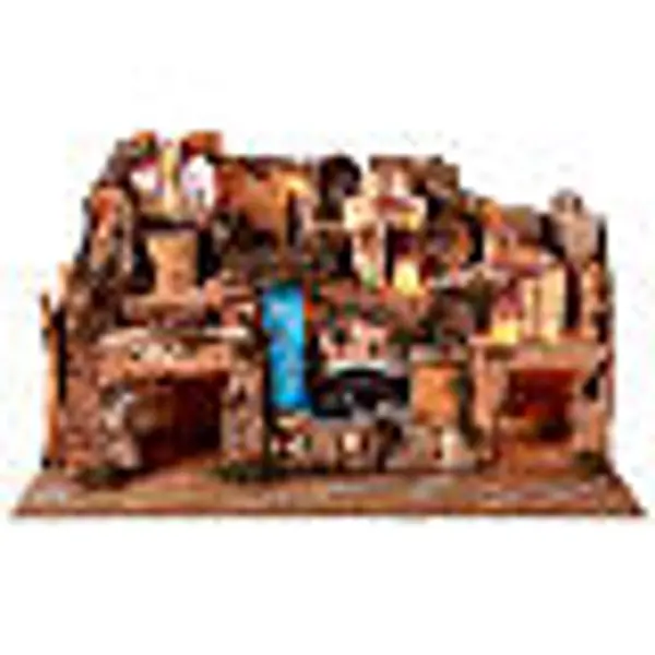 Bourgade crèche rustique avec grotte moulin éclairage 50x80x50 cm
