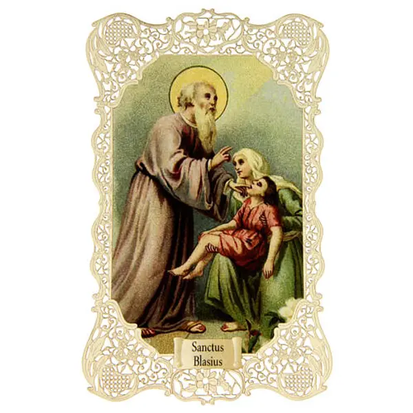 Image pieuse de Saint Blaise décorée de dentelle 11x7 cm