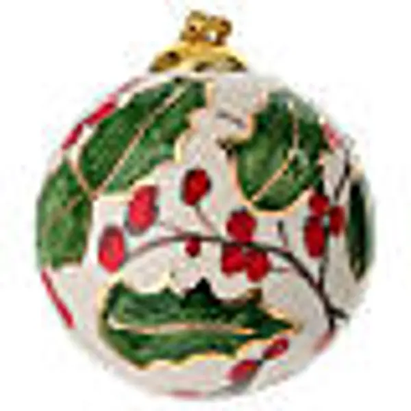 Boule de Noël en céramique fond crème avec houx et détails en or 10 cm Dellarte Ceramiche