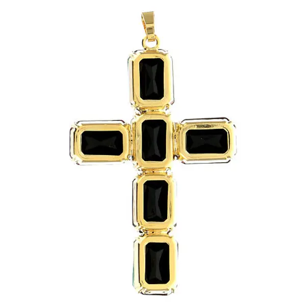 Croix pendentif laiton cristal noir violet 8 cm