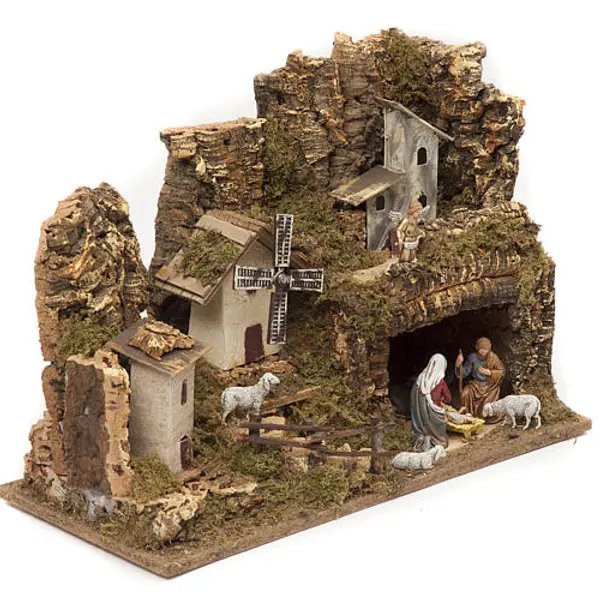 Bourg avec grotte crèche et moulin 28x42x18 cm