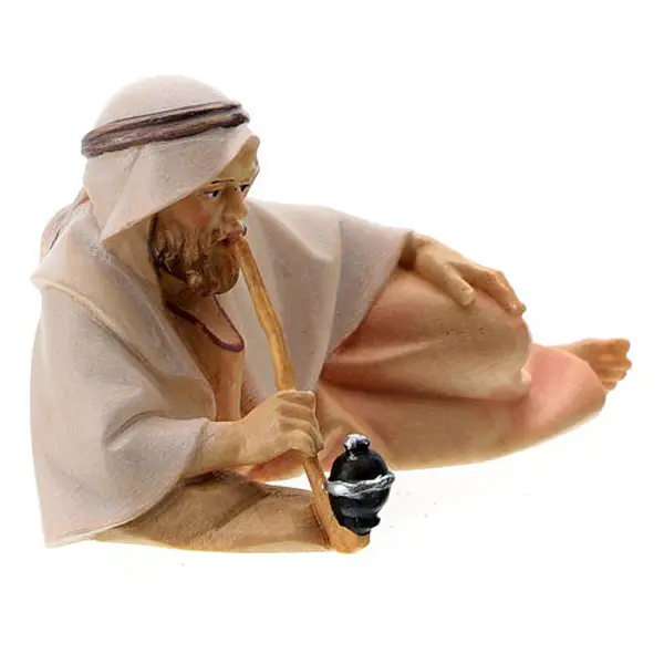 Berger allongé avec pipe en bambou crèche Original Comète bois peint Val Gardena de 12 cm