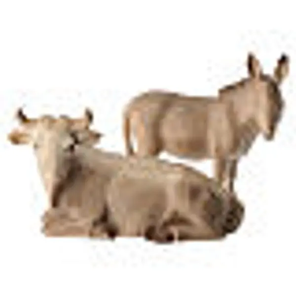 Statuettes pour crèche bœuf et âne en bois d'érable à double patine du Val Gardena