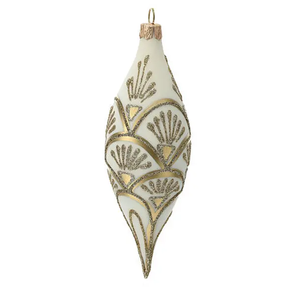 Boîte 3 boules de Noël double pointes 130 mm verre blanc motifs dorés.