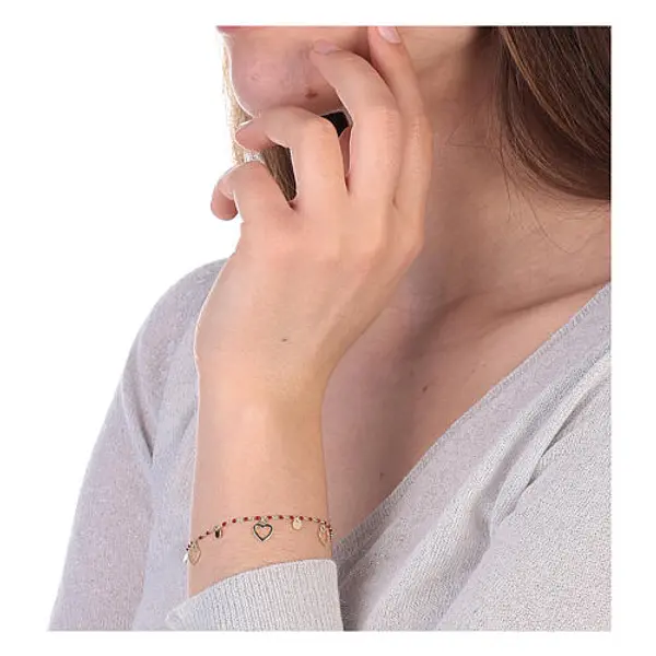 Bracelet argent 925 doré grains émaillés rouges coeurs circonférence 19,5 cm