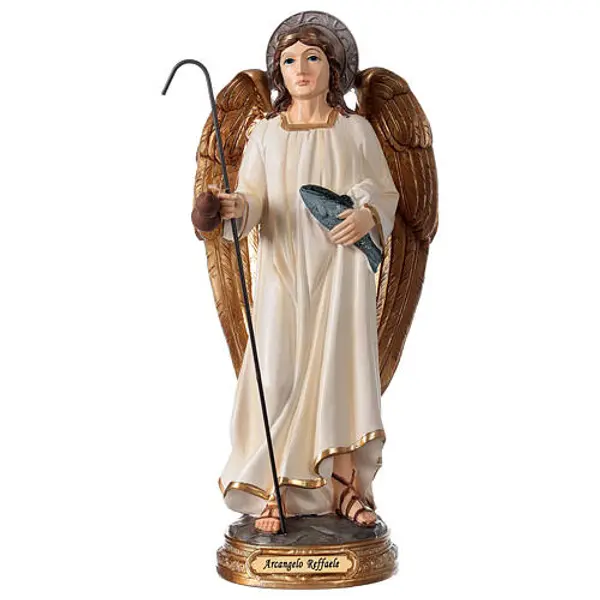 Archange Raphaël statue résine 29 cm poisson canne