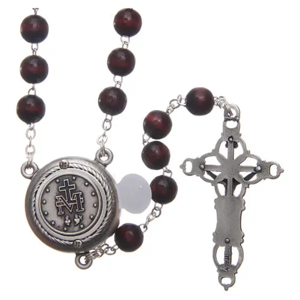 Chapelet bois bordeaux médaille parlante prière Pape François ESP 8 mm