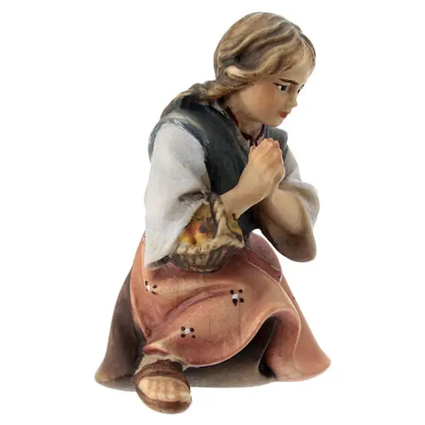 Petite fille qui prie agenouillée pour crèche Original Berger bois peint Val Gardena de 12 cm