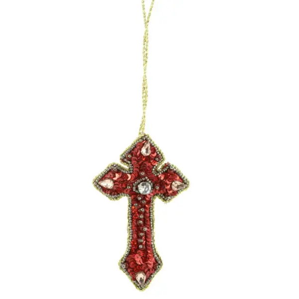 Croix brodée rouge avec strass et sequins à suspendre