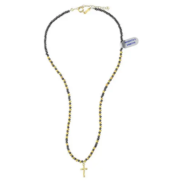 Collier ras de cou hématite noir or croix pendentif argent 925 doré