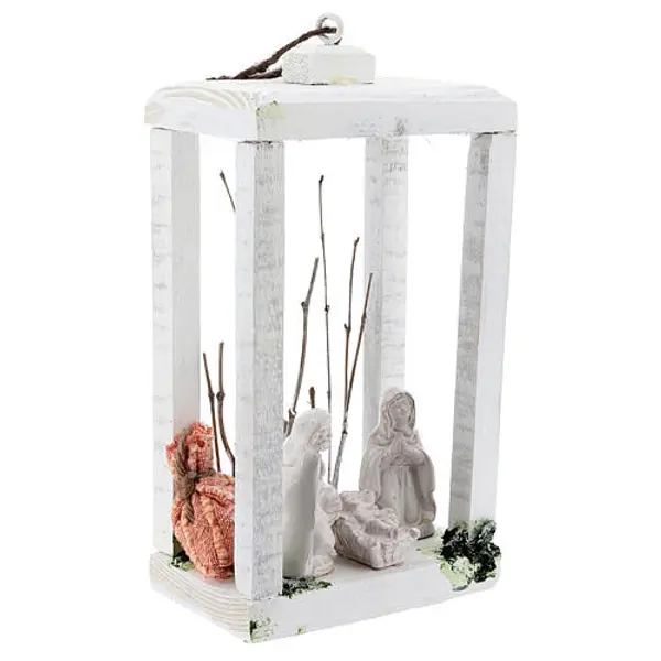 Lanterne bois Nativité 8 cm terre cuite Deruta blanche 23x15x10 cm