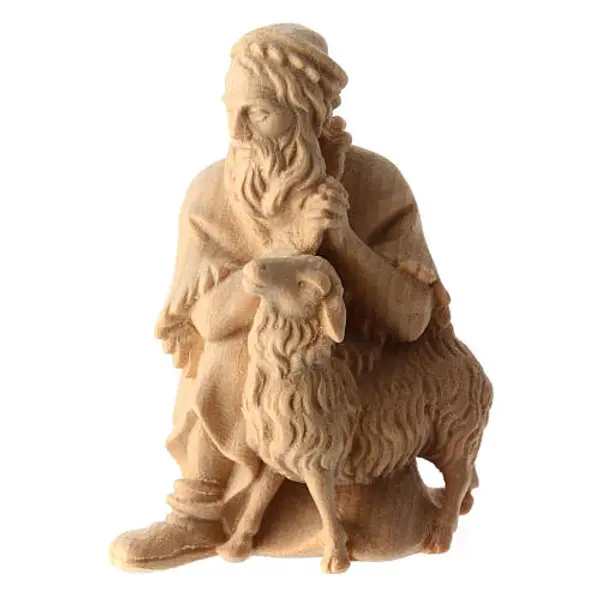 Berger agenouillé avec mouton statue crèche de montagne pin cembro bois naturel 10 cm