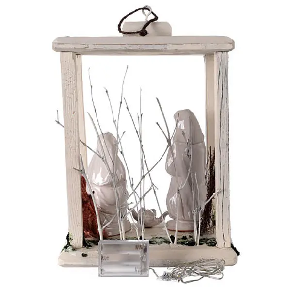Lanterne bois Nativité 20 cm terre cuite blanche Deruta 20 LED 35x26x20 cm