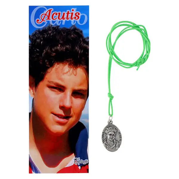 Collier avec pendentif de Carlo Acutis corde verte fluo