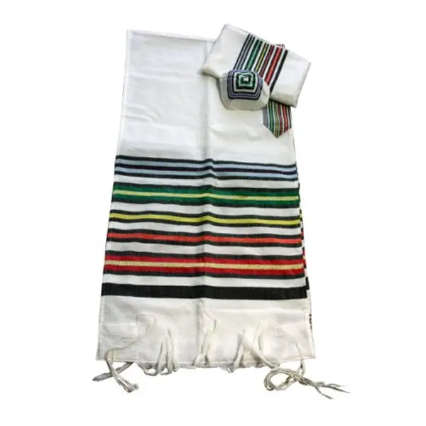 Ensemble Talith en laine blanche tissée à la main Gabrieli - Manteau multicolore Josephs