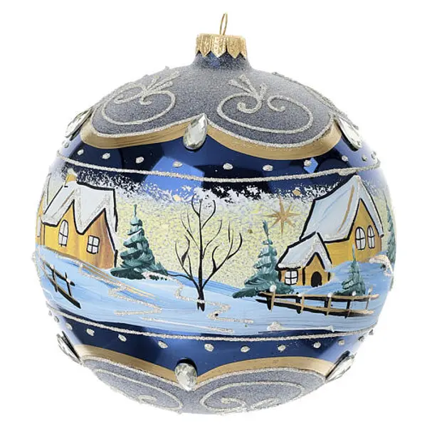 Boule bleue paysage peint verre soufflé 150 mm