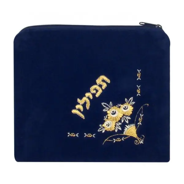 Sac Téfilines en velours bleu foncé - Motif floral brodé or et argent