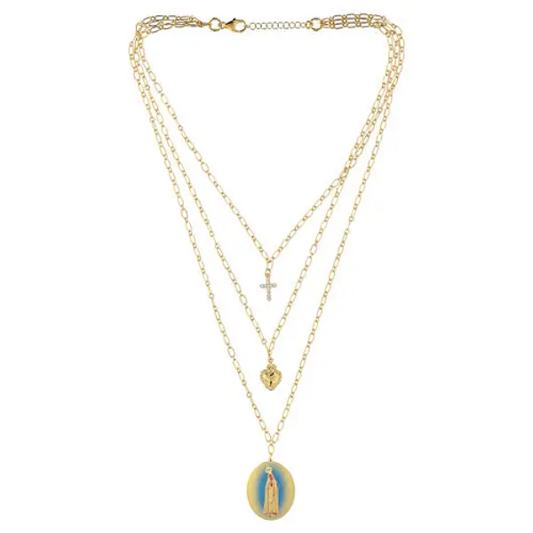 Collier en laiton doré Amen à plusieurs rangs avec zircons blancs médaille de Notre-Dame de Fatima