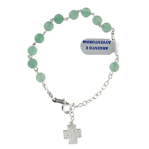 Bracelet dizainier aventurine grains 6 mm argent 925 croix Chi-Rho