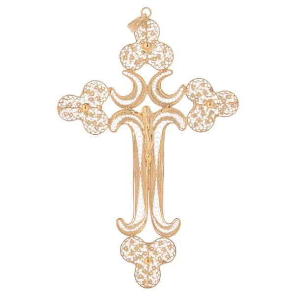 Croix pectorale filigrane d'argent dorée Corpus